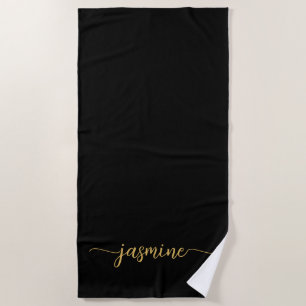 Minimalist Black Gold Monogram Name Huge Script Beach Towel