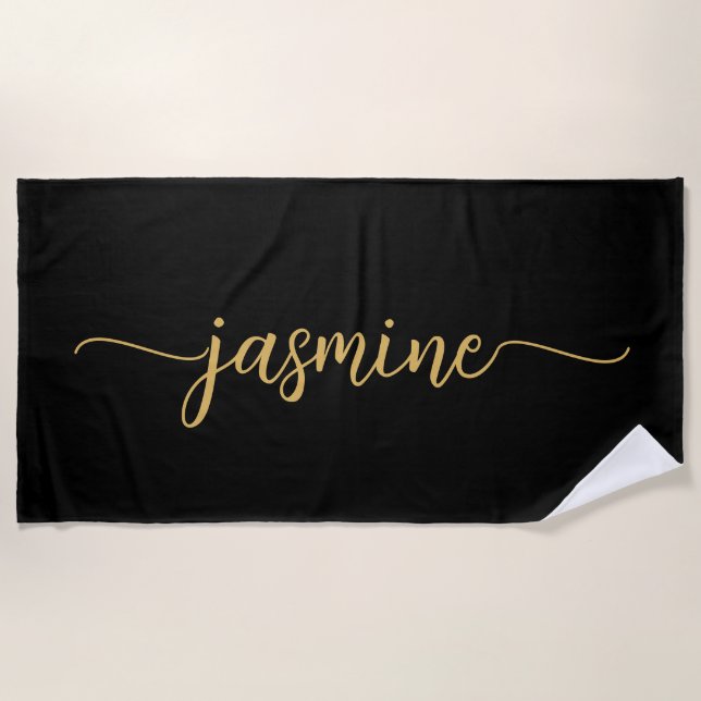 Minimalist Black Gold Monogram Name Huge Script Beach Towel (Front)