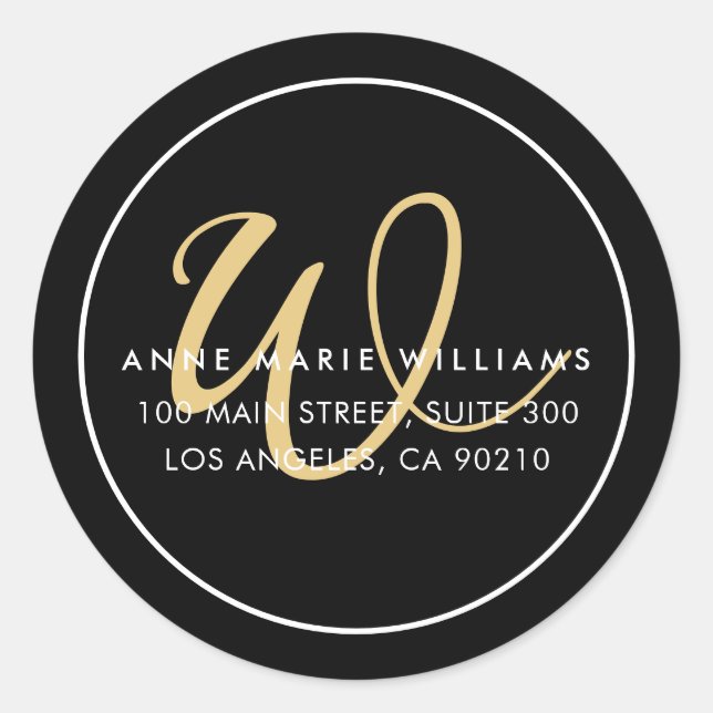 Minimalist Black Gold Script Border Monogram Classic Round Sticker (Front)