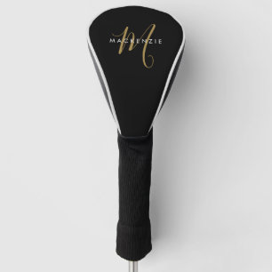 Minimalist Black Gold Script Monogram Golf Head Cover
