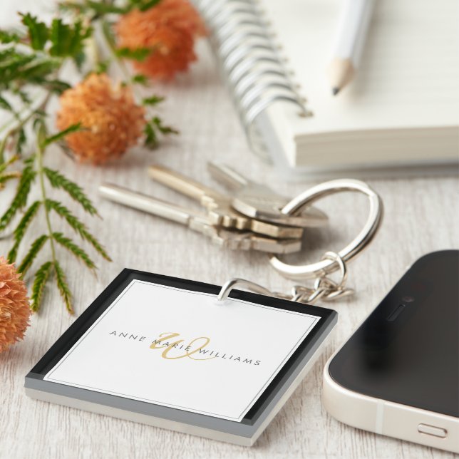 Minimalist Black Gold Script Two Border Monogram  Keychain (Front Right)