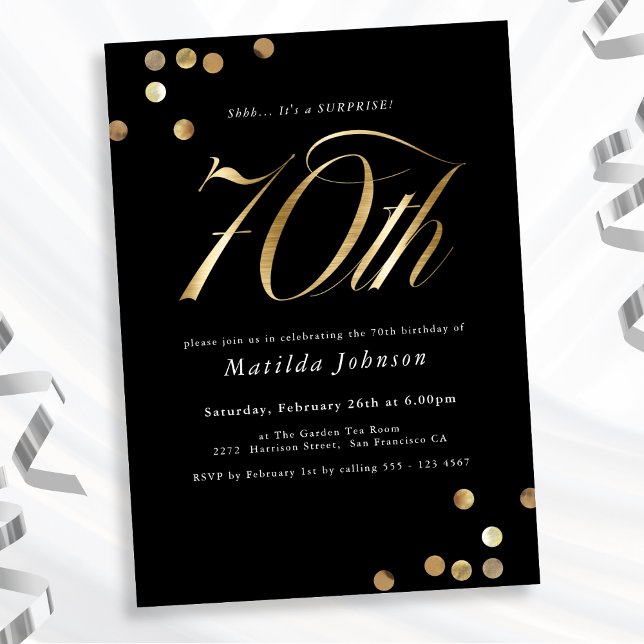 Minimalist Black Gold Surprise 70th Birthday Party Invitation (Mockup View)