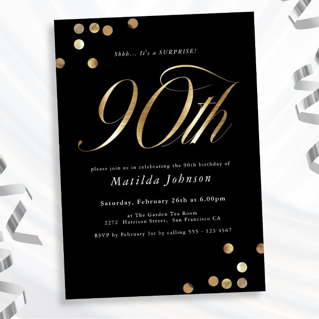 Minimalist Black Gold Surprise 90th Birthday Party Invitation (Mockup View)