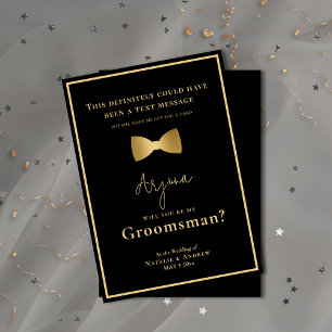 Minimalist Black & Gold Tuxedo Funny Groomsman Invitation