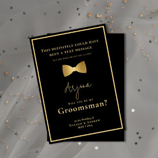Minimalist Black & Gold Tuxedo Funny Groomsman Invitation
