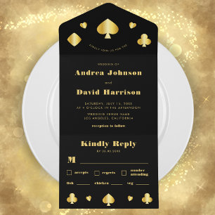 Minimalist Black Gold Vegas Casino Poker Wedding  All In One Invitation