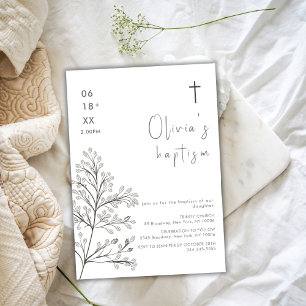 Minimalist Black & Grey Leaves Cross Baptism Invitation