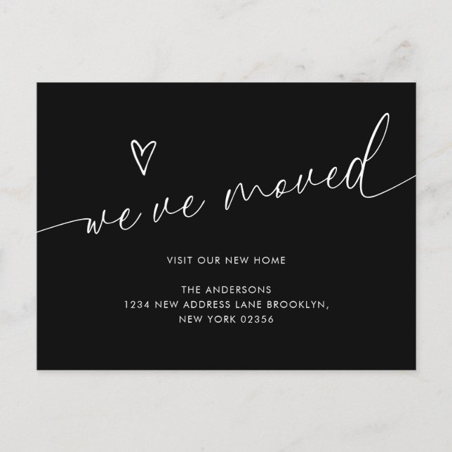 Minimalist Black Heart Script We've Moved Moving Postcard (Front)