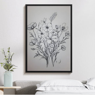 Minimalist black ink flower bouquet art poster no5