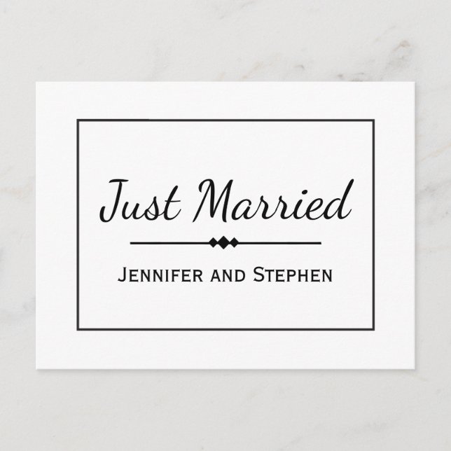Minimalist Black Just Married Wedding Announcement (Front)