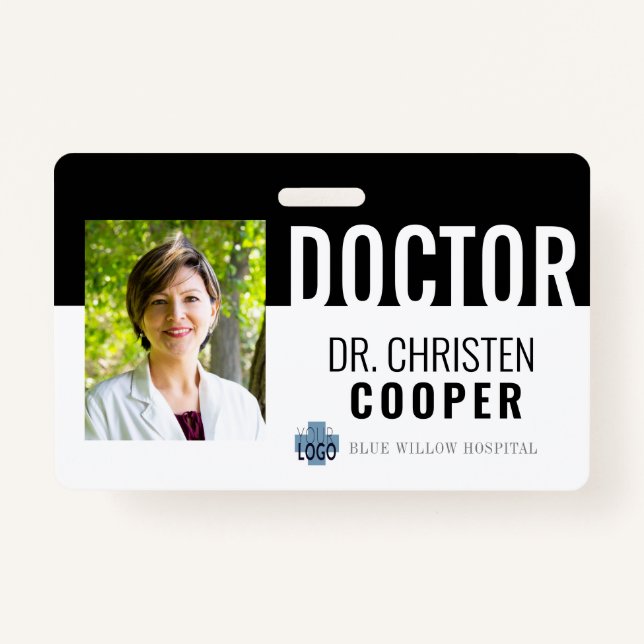 Minimalist Black Medical Doctor Hospital Photo ID Badge (Front)