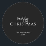 Minimalist Black Merry Christmas Holiday Classic Round Sticker<br><div class="desc">Minimalist Black Merry Christmas Holiday Classic Round Sticker. Personalize the custom text above. The background colours used in this collection can be customized as well. You can find additional coordinating items in our "Minimalist Collection of Holiday Sentiments"</div>