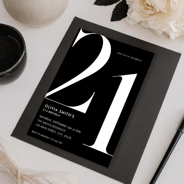 Minimalist Black Modern Chic 21st Birthday Invitation (Creator Uploaded)
