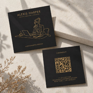 Minimalist Black Modern Line Art Woman QR Code Square Business Card