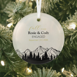 Minimalist Black Mountain Pine Tree Couple Engaged Glass Ornament