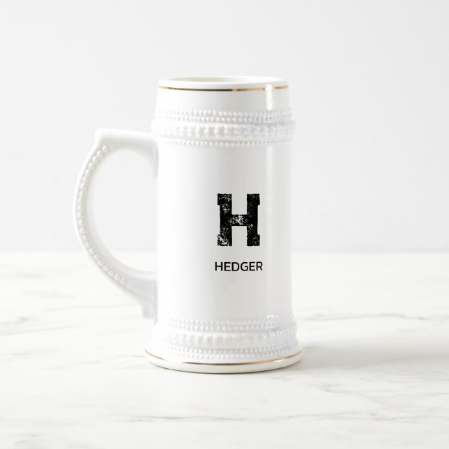 MINIMALIST BLACK ONE LETTER MONOGRAM NAME WHITE BEER STEIN (Left)