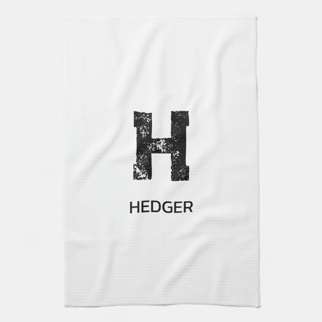 MINIMALIST BLACK ONE LETTER MONOGRAM NAME WHITE KITCHEN TOWEL (Vertical)