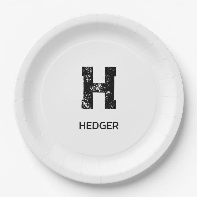 MINIMALIST BLACK ONE LETTER MONOGRAM NAME WHITE PAPER PLATE (Front)
