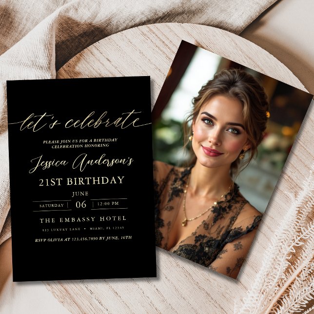 Minimalist Black Photo Gold 21st Birthday Invitation (Creator Uploaded)