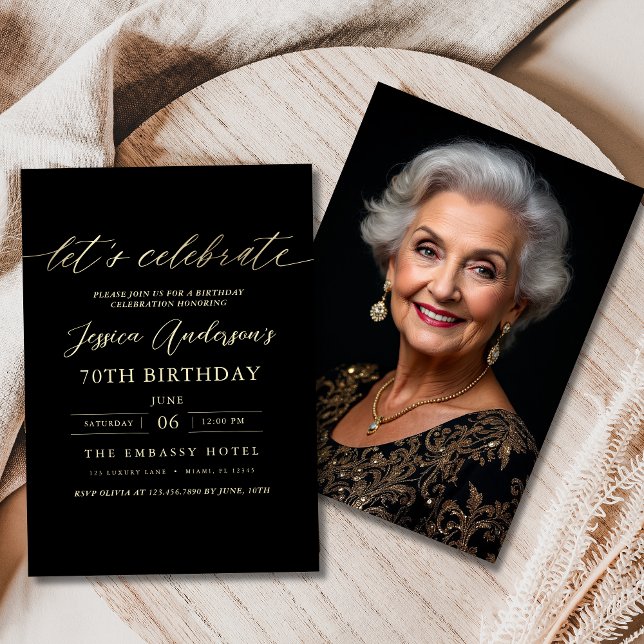 Minimalist Black Photo Gold 70th Birthday Invitation (Creator Uploaded)