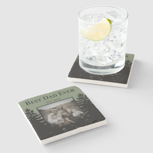 Minimalist black pine tree silhouette personalize  stone coaster (Side)