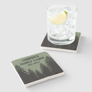 Minimalist black pine tree silhouette     stone coaster