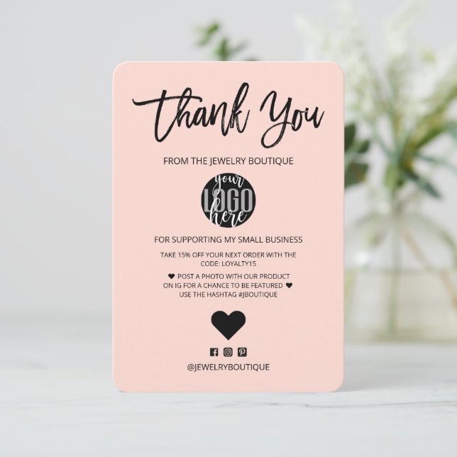 Minimalist Black Pink Logo Customer Thank You Card (Standing Front)