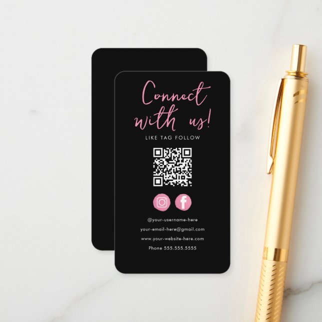 Minimalist Black Pink Qr Code Connect With Us Enclosure Card (Front/Back In Situ)