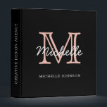 Minimalist Black Pink White Monogram Professional Binder<br><div class="desc">Modern, minimalist black and blush pink personalized name monogrammed binder. It features a monogram initial in serif style font and pretty handwritten first name text template in pink, white colour on black background. Great personalized gift for back to school, professional work, home office, and recipe binder. If you need help...</div>