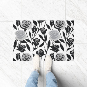 Minimalist Black Roses With Light Grey Stems  Doormat
