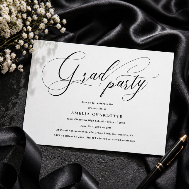 Minimalist Black Script Calligraphy Grad Party Invitation (Creator Uploaded)