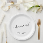 Minimalist Black Script Custom Cheers Wedding Paper Plate<br><div class="desc">Create a memorable wedding cocktail hour with these personalized plates featuring the phrase 'cheers!' in minimalist black script. These plates are perfect for adding a touch of elegance to your special day. Customize with your name and add this beautiful addition to your wedding cocktail hour and wedding reception decor.</div>