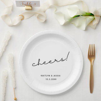 Minimalist Black Script Custom Cheers Wedding Paper Plate