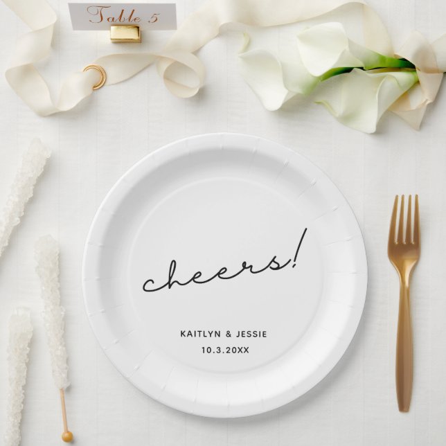 Minimalist Black Script Custom Cheers Wedding Paper Plate (Wedding)