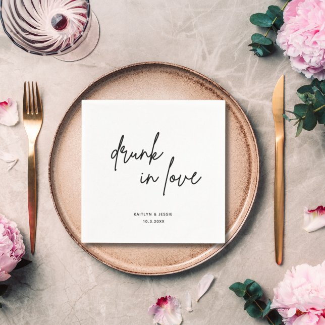 Minimalist Black Script Drunk in Love Wedding Napkin (Drunk in Love Wedding Napkins Custom Personalized Napkins)