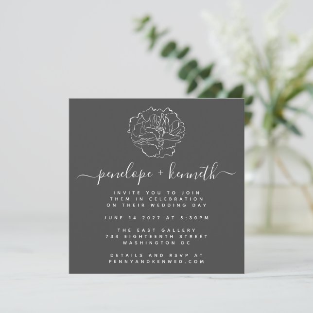 Minimalist Black Script Floral Drawing Wedding Invitation (Standing Front)