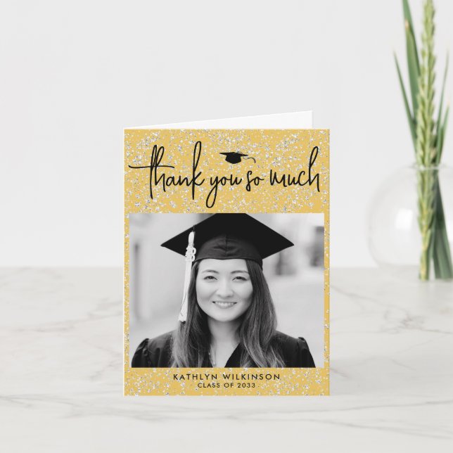 Minimalist Black Script Gold Glitter Graduation Thank You Card (Front)