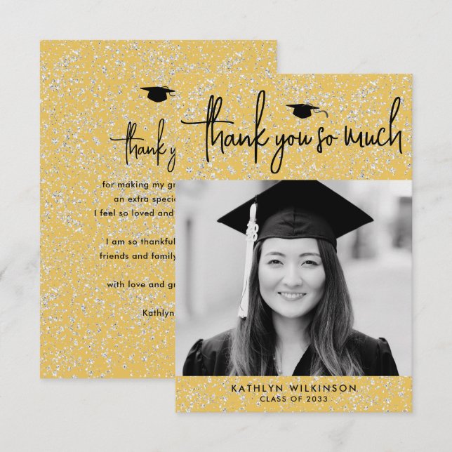 Minimalist Black Script Gold Glitter Photo GRAD Thank You Card (Front/Back)