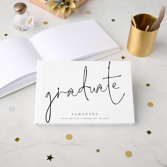 Minimalist Black Script Graduate White Graduation Guest Book (Front Open)