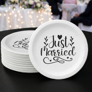 Minimalist Black Script Just Married Wedding Paper Plate