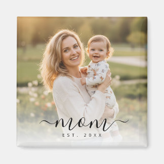 Minimalist Black Script Mom Est Year Magnet