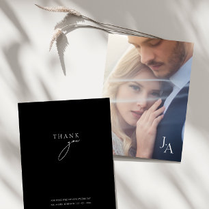 Minimalist Black Script Photo Wedding Thank You Card