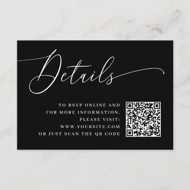Minimalist Black Script Wedding Info with QR Code Enclosure Card (Front)