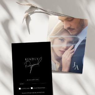 Minimalist Black Simple Script Photo Wedding RSVP Card