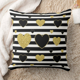 Minimalist Black Stripe Gold Heart Pattern Throw Pillow