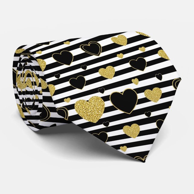 Minimalist Black Stripe Gold Heart Pattern Tie (Rolled)