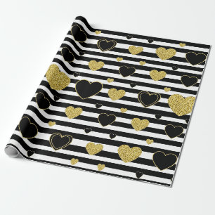 Minimalist Black Stripe Gold Heart Pattern Wrapping Paper