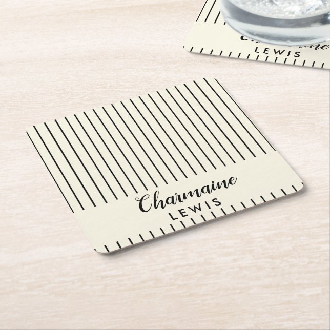 Minimalist black thin stripes personalized tan square paper coaster (Angled)