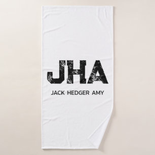 MINIMALIST BLACK THREE LETTER MONOGRAM NAME WHITE BATH TOWEL