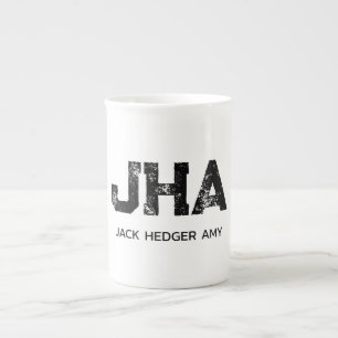 MINIMALIST BLACK THREE LETTER MONOGRAM NAME WHITE BONE CHINA MUG